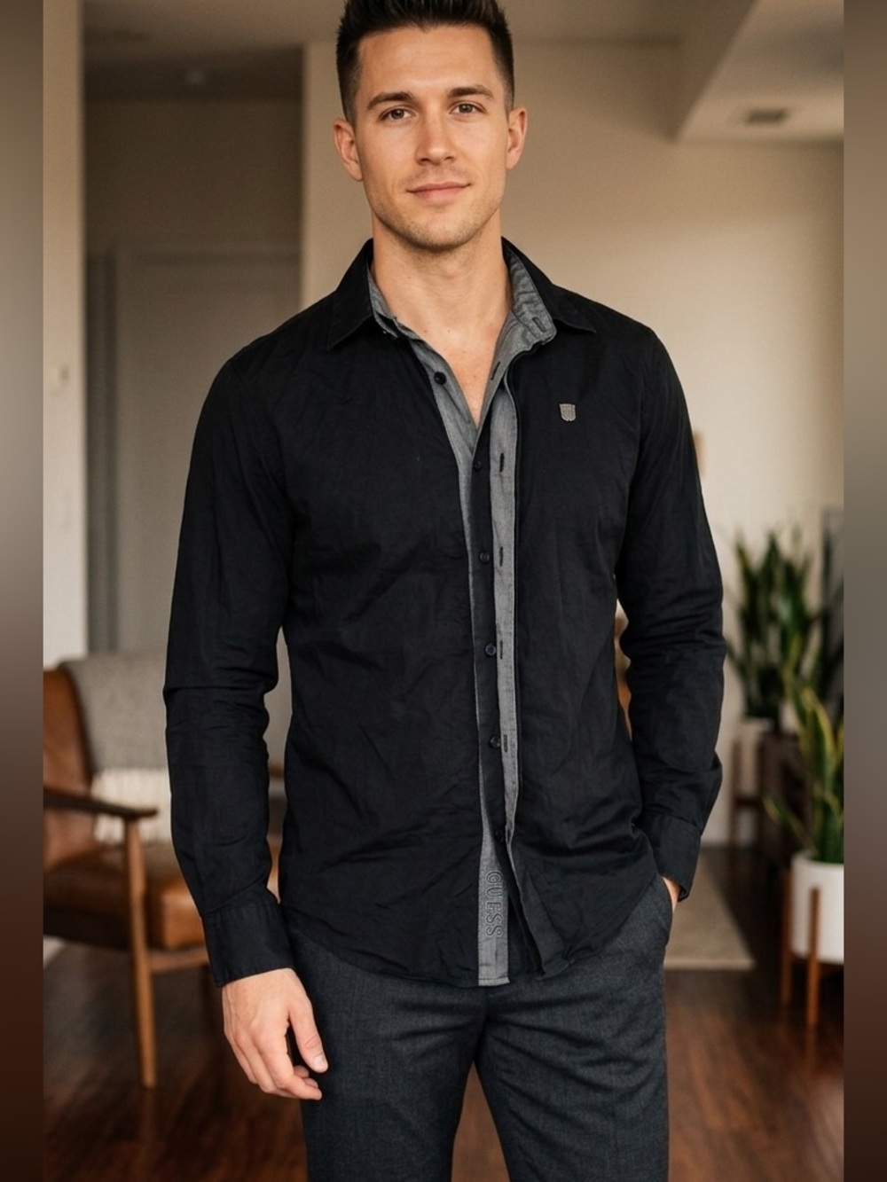 GUESS vintage men’s Black collared Button-Up Shirt double layer effect